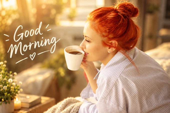 A woman with red hair in a bun drinks from a white mug in a sunlit room, with the text 'Good Morning' written in white script on the left side.