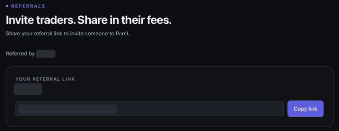 A Parcl referrals page displaying "Invite traders. Share in their fees," with a referral link field and a "Copy link" button. The image relates to the post about Parcl V4 mainnet access, highlighting the referral system being used to distribute limited closed alpha access codes.