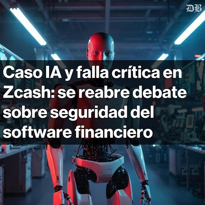 The image features a robot with arms and legs, standing in front of a desk filled with computer equipment. The text in the image reads "Falla crítica en Zcash reanima el debate sobre seguridad en criptomonedas Detectada por Opus 4.8 de Anthropic, una vulnerabilidad oculta por 4 años podría haber permitido crear tokens falsos". The robot is positioned in front of the desk and appears to be interacting with the computer equipment on it.