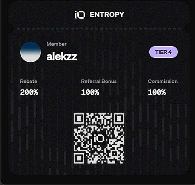 A digital membership card from 'iQ ENTROPY' for user 'alekzz' showing 'TIER 4' status with 200% Rebate, 100% Referral Bonus, and 100% Commission, featuring a QR code.