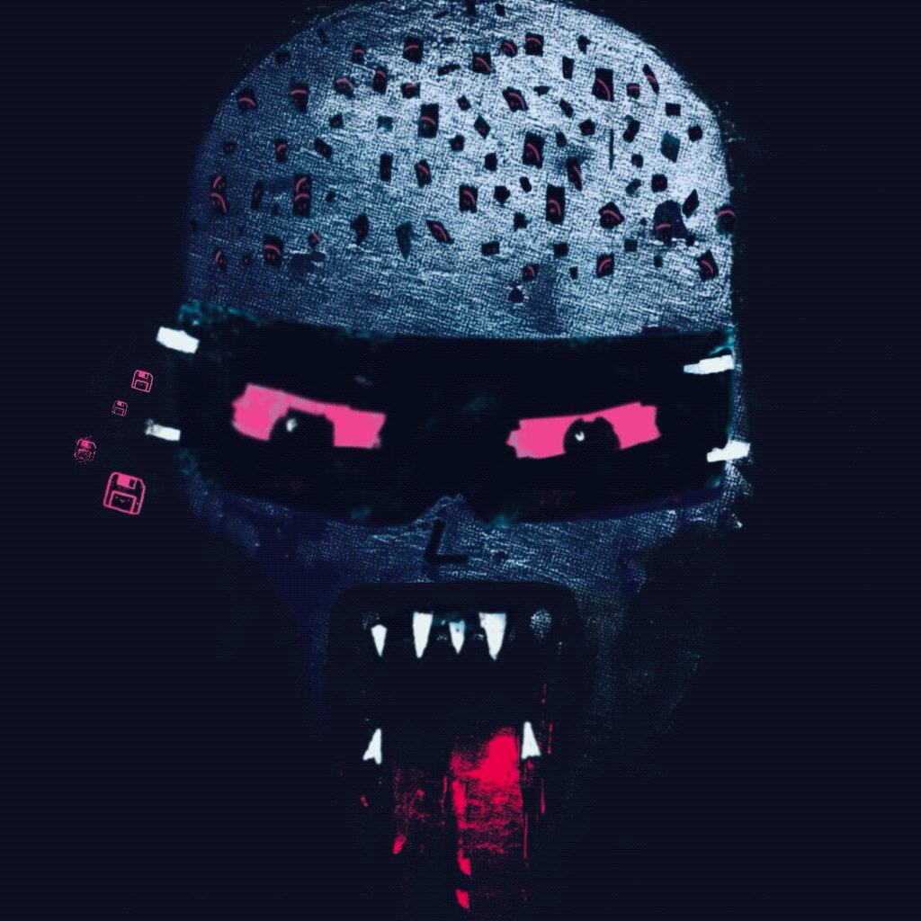 The image features a graphic design of a skull with red eyes, teeth, and fangs, giving it an eerie appearance. The skull is set against a dark background, which further emphasizes its presence. In the bottom right corner of the image, there are two small squares containing text that reads "about tezostuesday there is still one GRIFTER available on primary GM". This adds to the overall spooky atmosphere created by the design elements in the image.