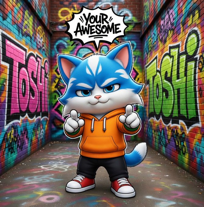 An AI-generated illustration of a cute blue and white cat character wearing an orange hoodie and red sneakers, giving two thumbs up in front of a colorful graffiti wall with a speech bubble saying 'YOUR AWESOME'.