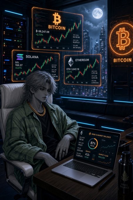 An anime-style illustration of a man sitting at a desk with a laptop showing crypto market data, with Bitcoin, Solana, and Ethereum charts displayed on screens behind him.