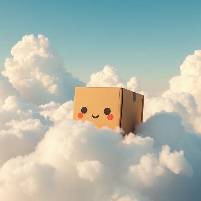 A small, anthropomorphized cardboard box with a cute, blushing face resting on fluffy white clouds against a clear blue sky.