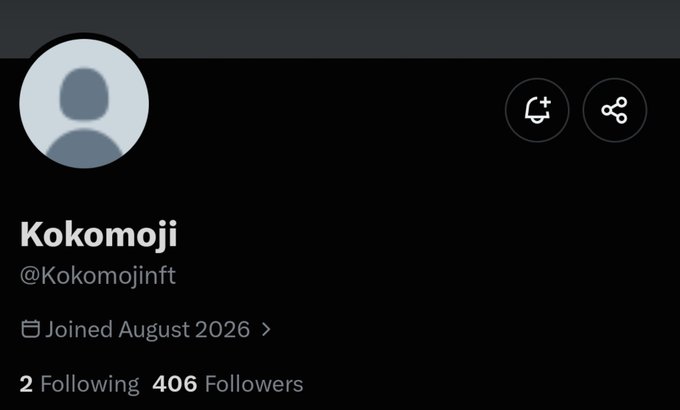 A dark-themed Twitter profile page for "Kokomoji" (@Kokomojinft), showing the account joined in August 2026 with 2 Following and 406 Followers, matching the post's note of approximately 400 followers for this early-stage project being monitored.