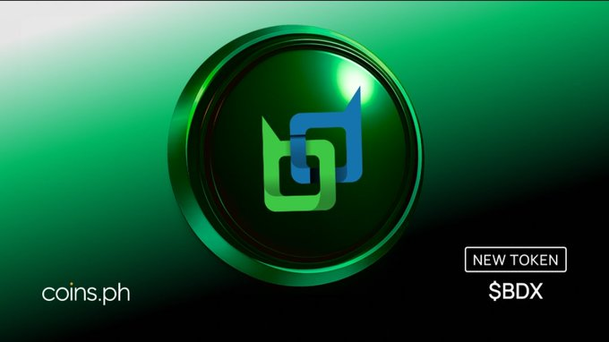 A digital graphic with a green background displays a circular green coin logo in the center, featuring text 'coins.ph' in the bottom left and 'NEW TOKEN $BDX' in the bottom right.