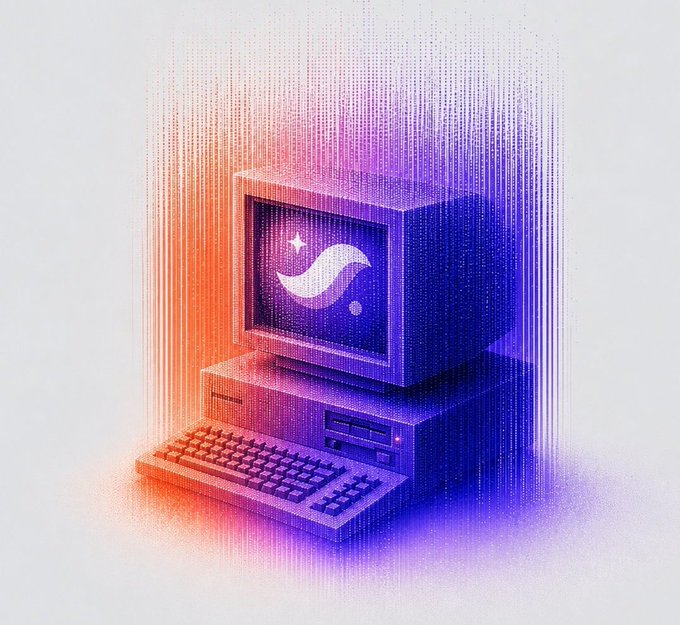 A retro-style pixel art illustration of a vintage desktop computer with a CRT monitor displaying a wave-like symbol, rendered in a gradient of orange to purple, visually evoking the idea of bringing Bitcoin into a new onchain environment like Starknet through strkBTC. The digital aesthetic symbolizes bridging traditional Bitcoin holdings into Starknet's programmable, onchain utility.