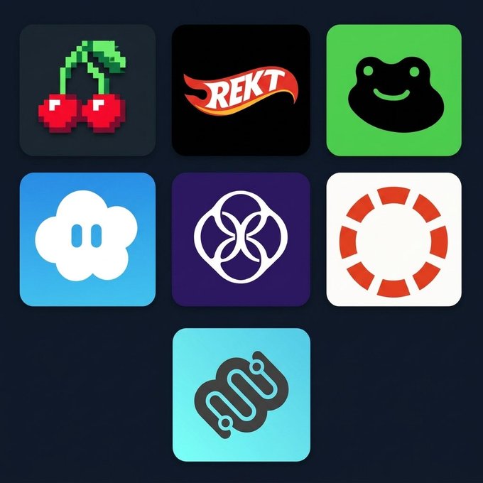 A grid of seven app icons on a dark background including pixel cherries, a 'REKT' logo, a frog face, a cloud with eyes, a butterfly emblem, a red and white circular emblem, and a chain link icon.
