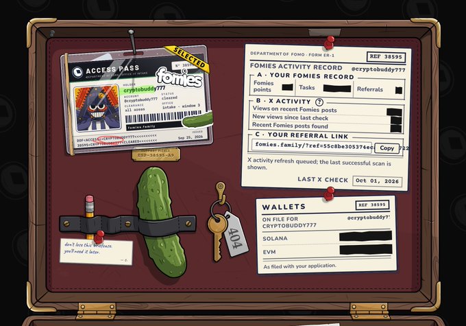 A digital illustration of an open briefcase containing various documents including a "FOMIES ACTIVITY RECORD," an "ACCESS PASS" labeled "SELECTED," a wallet info card, a pickle, a key with "404" tag, and a note reading "don't lose the briefcase, you'll need it later."