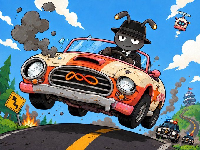 A cartoon illustration of an ant-like character in a black suit and fedora driving a battered orange convertible with an infinity symbol on the grille, being chased by police cars along a winding road with a helicopter overhead.