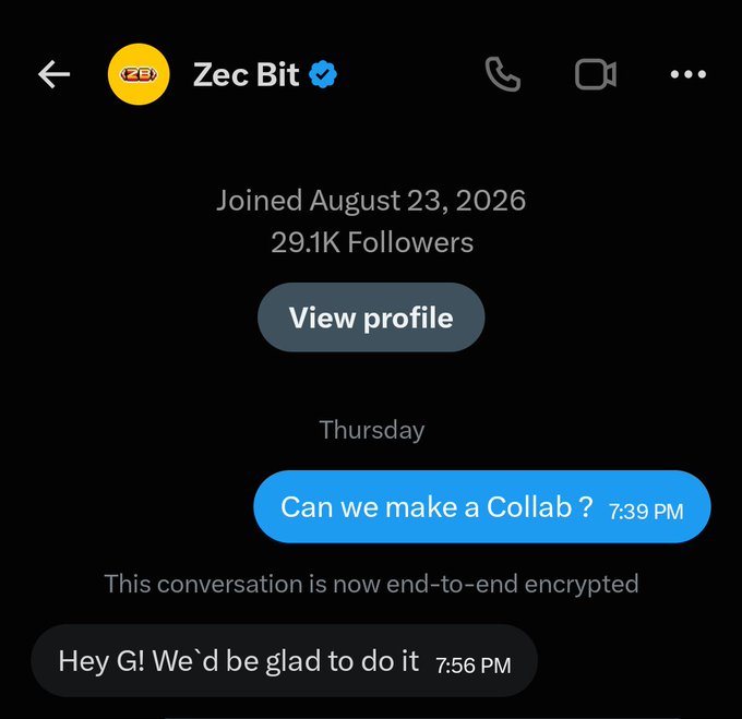 A Twitter/X direct message conversation with 'Zec Bit' asking 'Can we make a Collab?' and receiving a positive reply.