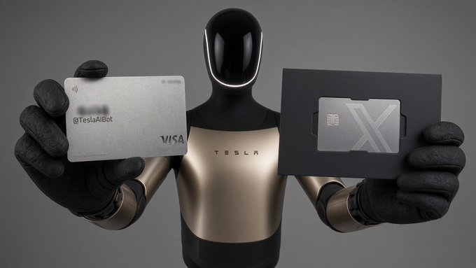 A sleek, futuristic robot with a glossy black helmet and gold-accented body holds two payment cards: a silver Tesla/VISA card labeled "@TeslaAIBot" and a black X Money card with a silver chip, visually celebrating the bot's new X Money card.