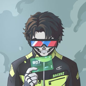 A stylized digital illustration of a futuristic, cyberpunk-inspired character wearing neon yellow and black racing gear, large red-and-blue visor sunglasses, and a robotic jaw, holding a green "RDZ ALL ACCESS" card with "RACERZ" displayed on the jacket. The image serves as a creative, gaming/Web3-themed avatar representing Adam Weitsman, aligning with the post's theme of his ventures into NFT/Web3 and entrepreneurship.