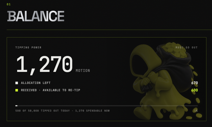 A digital interface showing a 'BALANCE' screen with a 'Tipping Power' of 1,270 MOTION, displaying 678 allocation left and 600 received, featuring an illustration of a hooded figure carrying coins.
