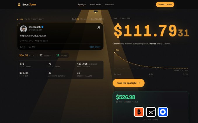 A Boostown website showing a tweet by @Erichaz.eth being promoted in a spotlight auction priced at $111.79.