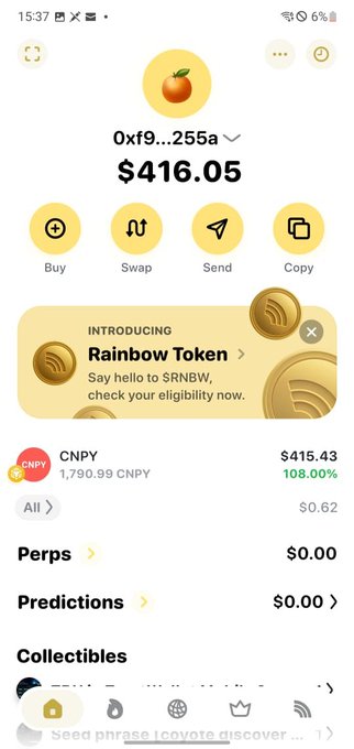 The image shows a mobile wallet app displaying a balance of $416.05, with a holding of CNPY (1,790.99 CNPY) valued at $415.43, up 108.00%. The post by "W canopy" thanks @nft_parker_ for making this possible, likely referencing the CNPY token holdings shown in the wallet screenshot.