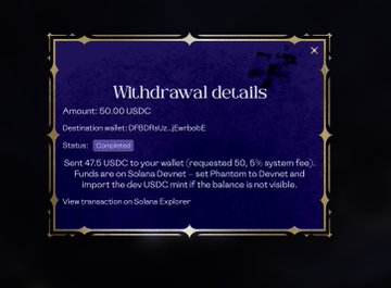 A "Withdrawal details" pop-up confirming a 60.00 USDC transfer was sent to the wallet "QF8Gf8z...(be4be)", showing a "Completed" status for withdrawing earnings from the game RuneCraftWorld, directly illustrating the user's complaint about poor payout returns after grinding.