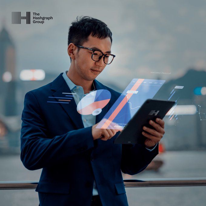 A businessman in glasses and a suit analyzes a holographic chart and pie graph on his tablet against a city skyline, with "The Hashgraph Group" logo in the corner—visually representing the bullish "Go PARABOLIC $HBAR" sentiment as the data appears to show sharply rising trends.