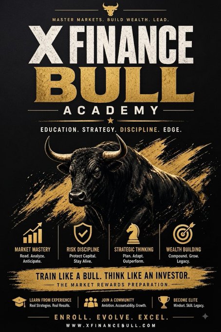 A bold black and gold promotional poster for **X Finance Bull Academy** featuring a striking bull illustration and the tagline "Master Markets. Build Wealth. Lead." It highlights four core pillars—Market Mastery, Risk Discipline, Strategic Thinking, and Wealth Building—along with calls to action: "Train Like a Bull. Think Like an Investor." and "Enroll. Evolve. Excel." directing viewers to **www.xfinancebull.com**. The poster visually reinforces the post's testimonial about the Academy being the educational foundation for understanding the evolution from traditional finance to Web3 and blockchain technology.