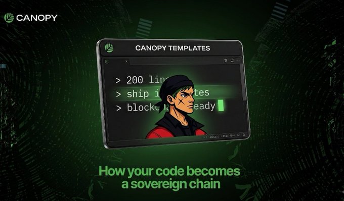 A promotional graphic for CANOPY TEMPLATES featuring a code editor window displaying '> 200 line', '> ship in minutes', and '> block ready', with text reading 'How your code becomes a sovereign chain'.