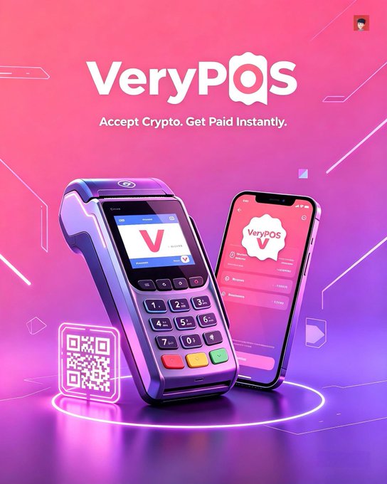A vibrant pink and purple marketing image for 'VeryPOS' cryptocurrency payment service with the tagline 'Accept Crypto. Get Paid Instantly,' showing a payment terminal and smartphone app.