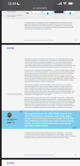 The image shows a webpage from zumo.tech featuring a whitepaper excerpt that discusses digital currencies and consumer-targeted payments, including text from Mark Williamson of HSBC. The visible content covers topics related to CBDCs, tokens, and cryptocurrency, but does not display any diagram illustrating an intermediate token like XRP serving as an eSDR—meaning it only partially relates to the post's description of how XRP could bridge global currencies.
