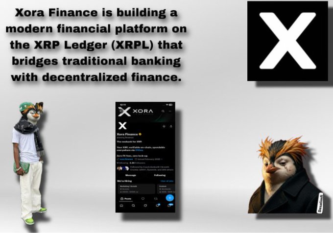 An advertisement for 'Xora Finance' describing it as a 'modern financial platform on the XRP Ledger (XRPL)', featuring an X logo, a person in a cat mask, and a Twitter profile showing 'xora.finance'.