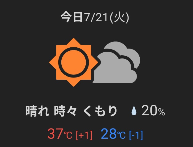 Weather widget for 7/21 (Tue) showing sunny with occasional clouds, 20% precipitation, high 37°C, low 28°C.