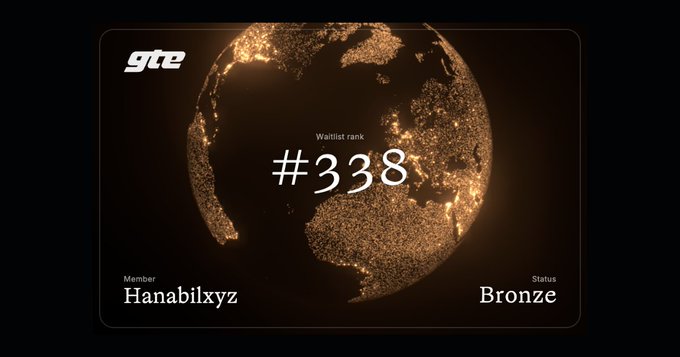 A digital card shows a member 'Hanabilxyz' with wallet rank #338 and Bronze status on what appears to be the gte platform, featuring a golden globe graphic.