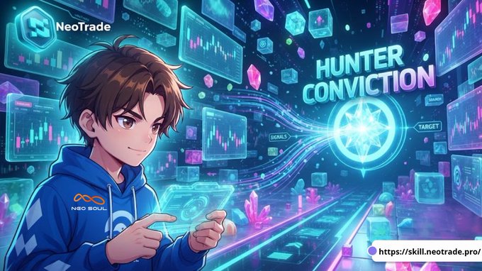 An anime-style illustration promoting NeoTrade with the text 'HUNTER CONVICTION' and a trading interface, featuring a character in a blue 'NEO SOUL' hoodie at https://skill.neotrade.pro/.