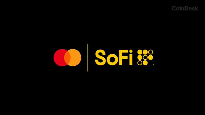 A black background displaying the logos of MasterCard and SoFi side by side, with the CoinDesk watermark in the upper right corner.
