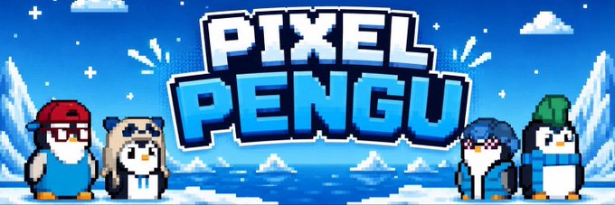 The title screen for the pixel art game 'PIXEL PENGU' featuring four pixelated penguin characters standing in a snowy landscape with mountains and an ocean background.