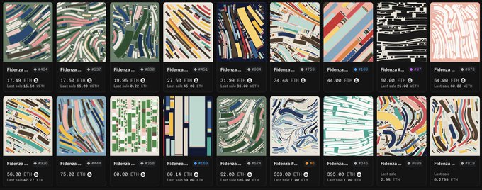 A gallery listing showing multiple abstract artworks by "Fidenza..." with various token IDs, ETH prices, and bid amounts, displaying colorful line and block patterns.
