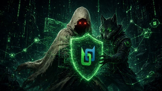 A stylized digital artwork featuring a hooded figure with glowing red eyes and a wolf companion, both standing behind a glowing green shield emblem with a blue and green logo, set against a dark background with digital network patterns.