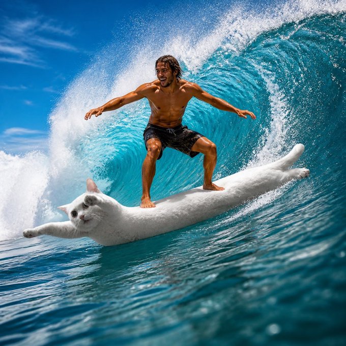 A shirtless man surfs a large ocean wave while standing on a giant white cat floating on the water.