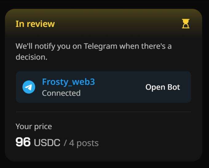 The image shows a phone screen displaying an email from Frosty Web 3 about their open bot feature. The email explains that users can connect with Frosty Web 3 through the open bot button. There are several applications listed, indicating that many people have already signed up for this service. The email also mentions that there is a USDC / 4 posts available on the platform.