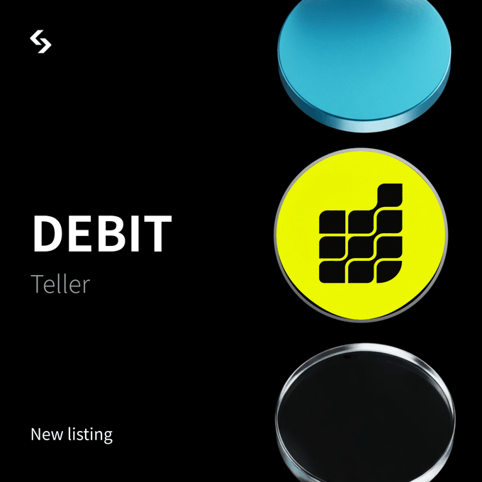 A promotional graphic announcing the new listing of the $DEBIT token on Bitget, featuring "DEBIT" and "Teller" text alongside a yellow circular logo with a grid pattern. The image aligns with the accompanying post, which details the DEBIT/USDT trading pair, deposit availability, and the August 26 launch date.