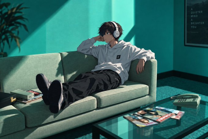 An anime-style illustration of a young man wearing headphones and a white hoodie lounging on a green sofa in a teal room, with a book titled 'A QUIETER MIND A BRIGHTER YOU' on the wall.
