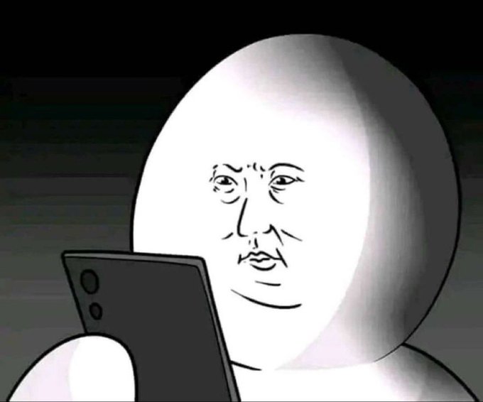 A black-and-white Wojak-style meme illustration of a bald, round-headed character with a pensive expression looking down at a smartphone in their hand.