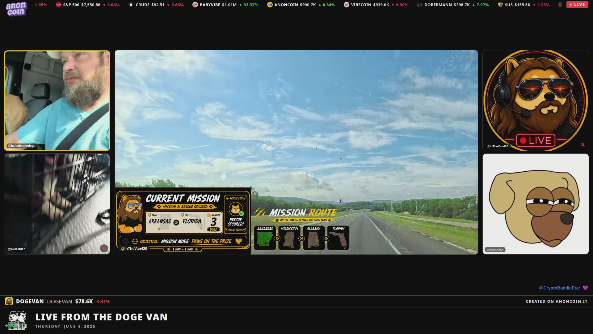 The image shows a computer screen displaying a car driving down an empty road with a cartoon character of a monkey wearing sunglasses, possibly representing the Doge van. The background features a blue sky with clouds, adding to the overall atmosphere of the scene. The caption below the image reads "x.com/i/broadcasts/1 ... Live from the Doge Van". This suggests that the image is related to a car show or event featuring the Doge van and other cartoon characters.