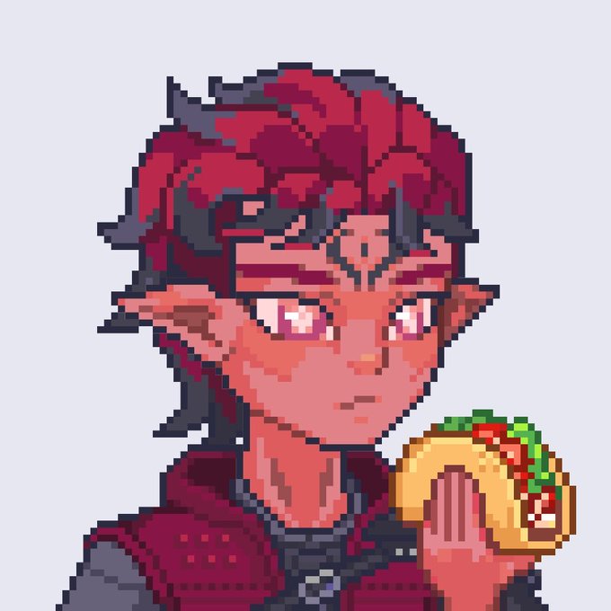 Pixel art of a red-haired character with pointed ears holding a taco.