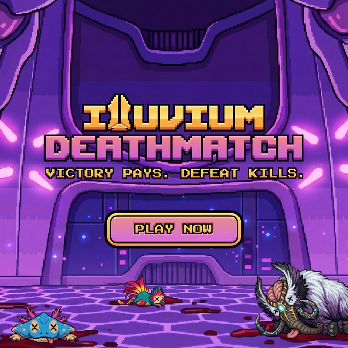 The image features a purple background with text that reads "Illuvium Deathmatch Victory Plays, Defeat Kills. Play now!". The scene shows a purple building with a large window, where two characters are standing inside - one character has a sword while the other is holding a shield. There are also two more characters in the scene, one of them holding a sword and another one holding a shield as well.
