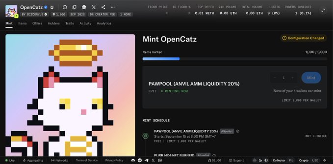 An NFT minting page on OpenCatz showing a pixel-art cat NFT with a halo, with 1,000 of 5,000 items minted via Pawpool.
