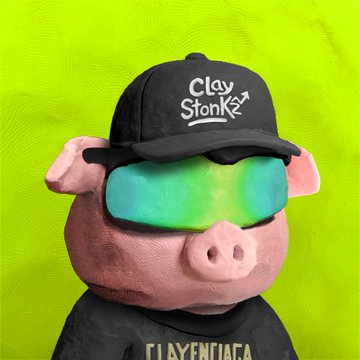 A 3D rendered pink pig character wearing a black cap with "Clay Stonks" written on it and iridescent visor sunglasses, shown against a bright green background.