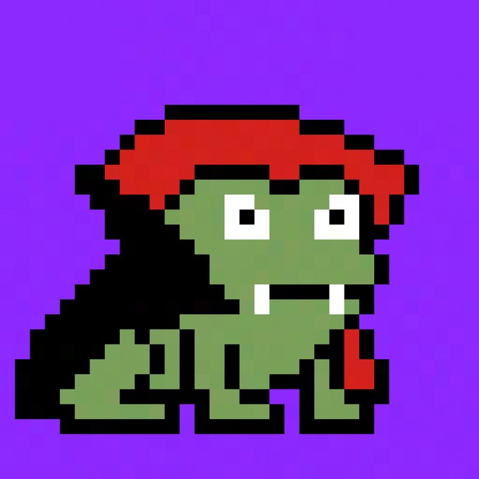 A pixel art illustration of a green frog character wearing a red bandana, set against a purple background. The image appears to be a one-of-one NFT frog punk, presented as a collectible digital art piece.