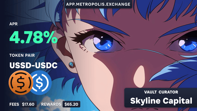 A promotional graphic for app.metropolis.exchange featuring anime art, advertising a 4.78% APR yield vault for the USSD-USDC token pair curated by Skyline Capital, with $17.60 fees and $65.20 rewards.