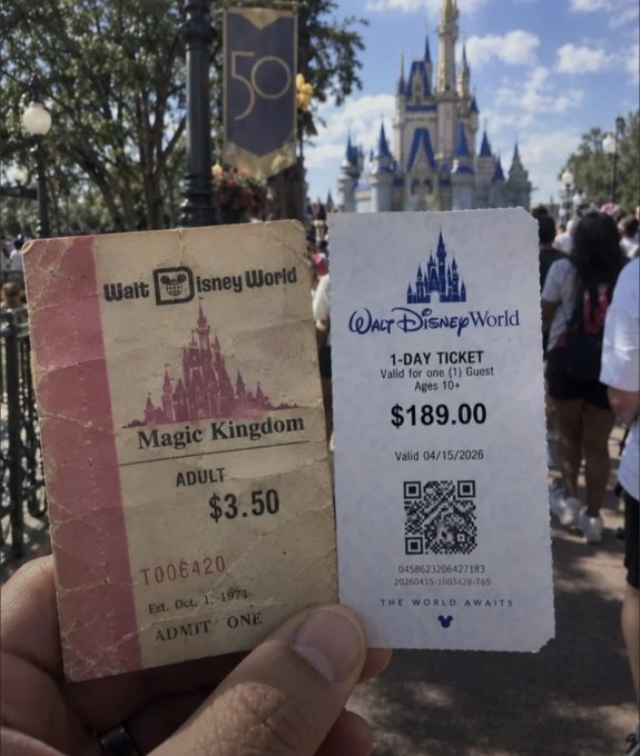 A hand holding two Walt Disney World tickets: a vintage 1974 Magic Kingdom adult ticket priced at $3.50 and a modern 1-day ticket priced at $189.00, with Cinderella Castle in the background.