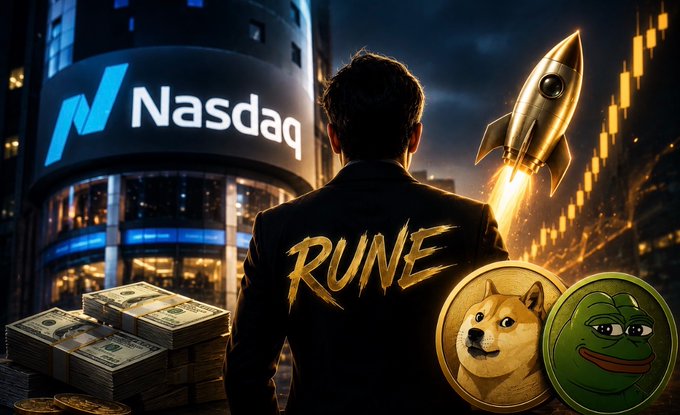 A digital artwork showing a silhouetted businessman facing the Nasdaq building with a glowing rocket launching beside him, labeled 'RUNE' on his jacket, with stacks of cash and Dogecoin/Pepe-style crypto coins in the foreground.