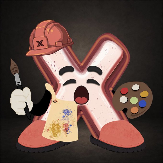 An illustration of an anthropomorphic letter 'X' character wearing a hard hat and boots, holding a paintbrush, a paint palette, and a paint-splattered apron, with a happy expression.