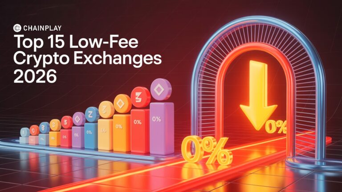 A CHAINPLAY promotional graphic titled 'Top 15 Low-Fee Crypto Exchanges 2026' showing ascending 3D bars with crypto coin icons and a large downward arrow indicating 0% fees.